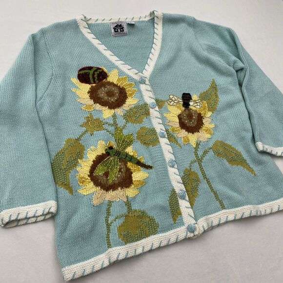 Storybook Knits Sweater Cardigan Womens 2X Blue Sunflower Bee Ramie Cottagecore - Picture 2 of 12